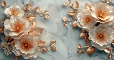 Elegant White Paper Flowers with Gold Leaves on a Textured Marble Background