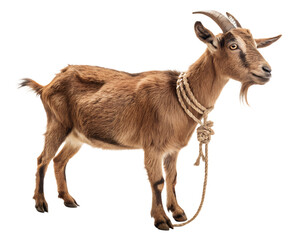 Fototapeta premium A brown goat standing with rope around its neck isolated on a transparent background