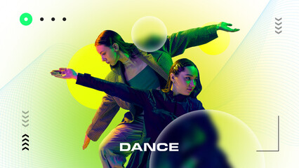Two female dancers in dramatic motion lit by vibrant yellow-green light with fluid lines and floating spheres. Concept of youth culture, contemporary dance, interface. Poster design, web design
