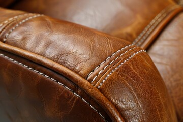close up of a old leather arm chair classic style with stitching