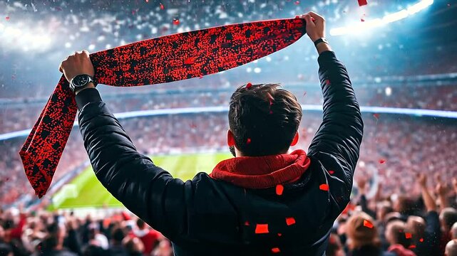 An ecstatic soccer fan waving a team scarf high above his head, as confetti falls from the sky, celebrating a major championship win at a packed stadium.