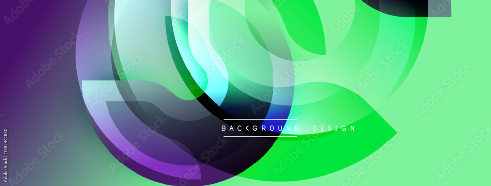 Poster abstract design. overlapping shapes create dynamic composition. vibrant green, purple, blue hues ble