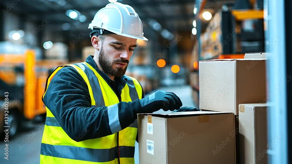 Poster Close-up of a transportation worker in safety gear, efficiently organizing boxes within the cargo hold of a white delivery truck, with background elements subtly hinting at a busy