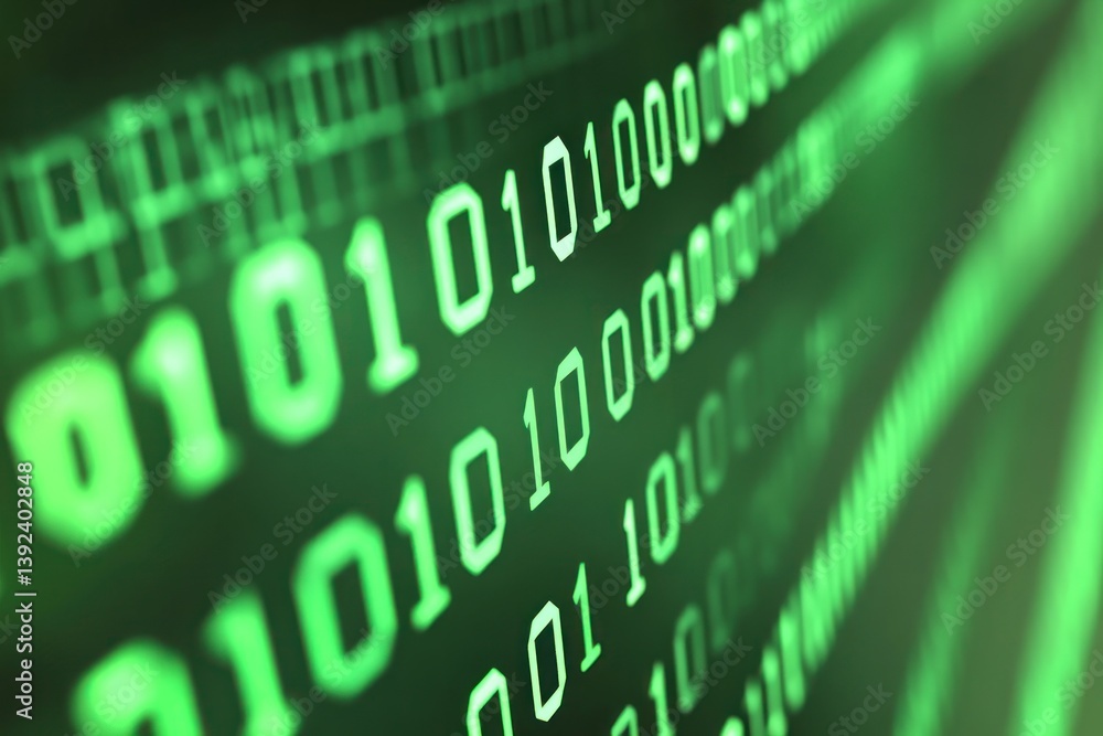 Poster abstract representation of binary code flowing in green digital space