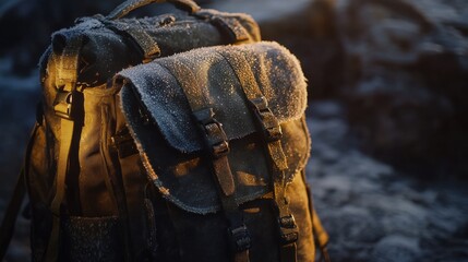 Frost-covered backpack resting on rocky terrain during dawn, illuminated by soft light