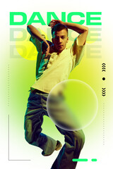 Focused young man, hip hop dancer under green spotlight and bold DANCE typography, dancing. Concept...