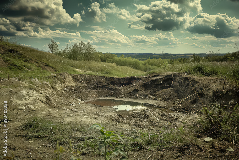 Aufkleber muddy pond in a field with a cloudy sky in the background