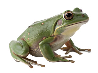 A vibrant green tree frog with large eyes sitting isolated on a transparent background