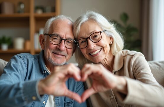 Joyful senior couple makes heart shape with hands indoors. Happy elderly man and woman smiling at camera in cozy home. Loving retired family, romantic relationship, support, love, tenderness. - Powered by Adobe