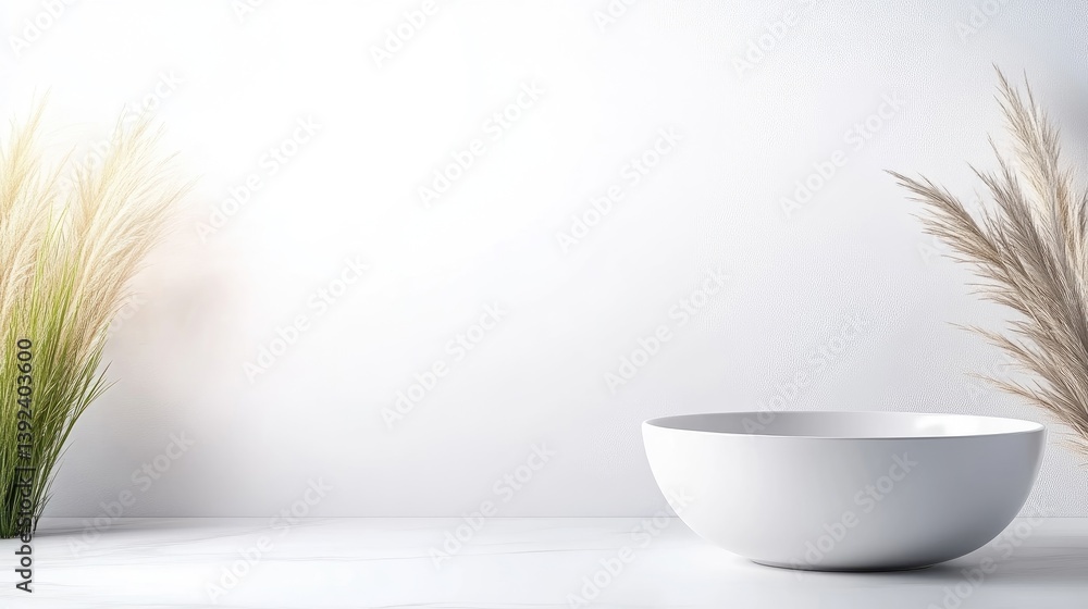 Poster white bowl pampas grass minimalist style bright lighting front view neutral textures display setup w