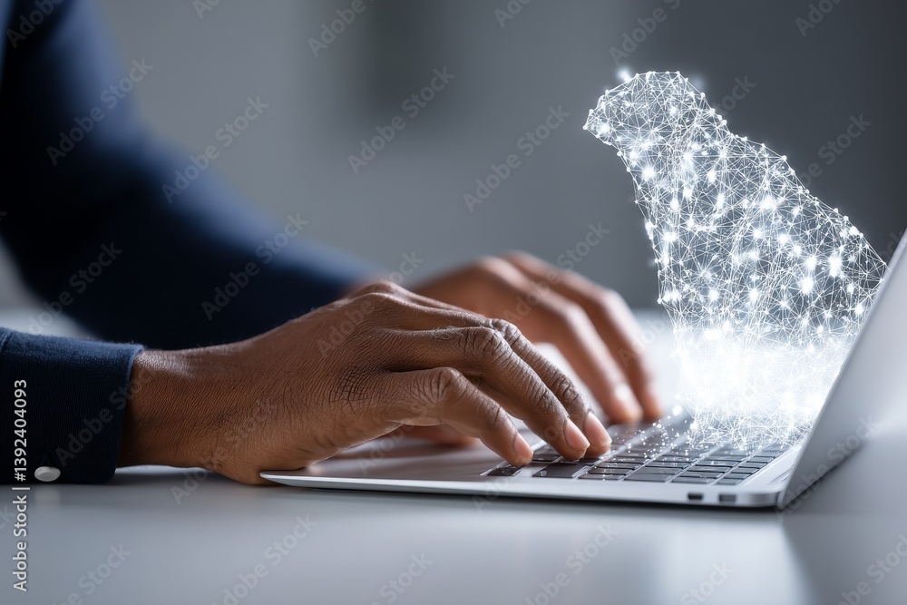 Aufkleber a man's hand utilizing a laptop alongside a smart robot represents ai technology and digital transfo