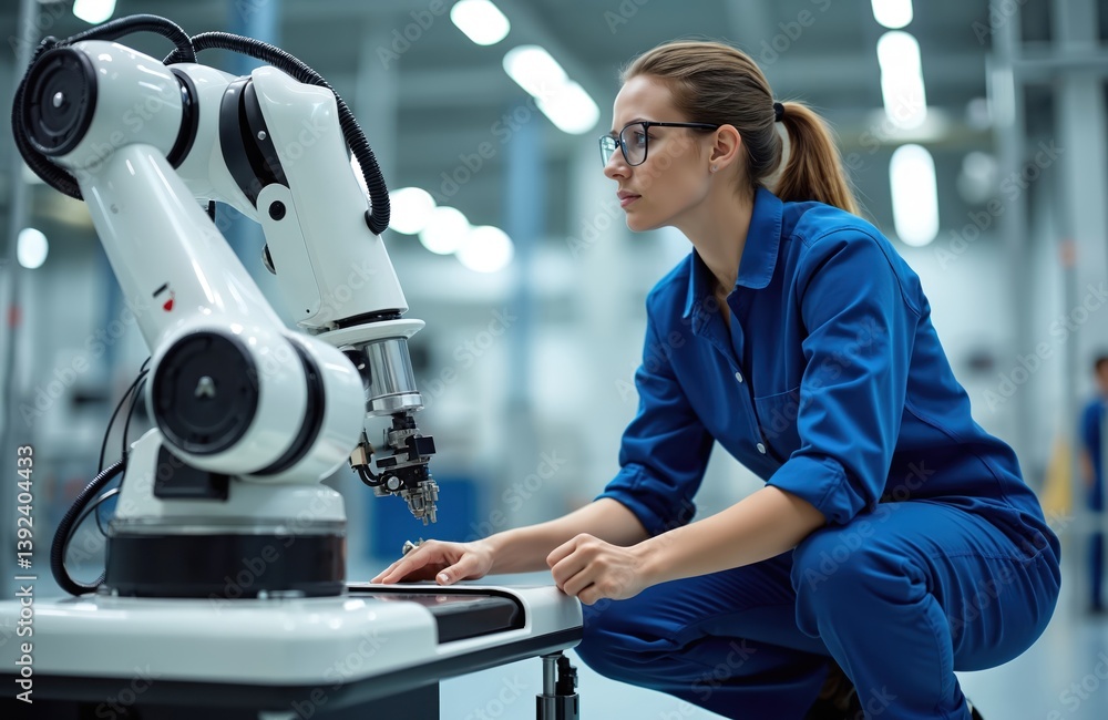 Aufkleber Female engineer technician using remote control automation robotics in industrial factory. Woman works with robot arm in modern factory, innovating production. Engineering, tech, ai, manufacturing,