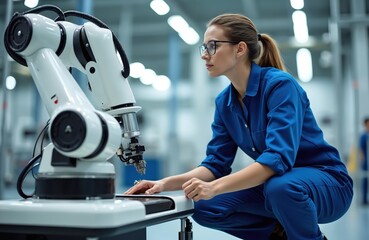 Female engineer technician using remote control automation robotics in industrial factory. Woman works with robot arm in modern factory, innovating production. Engineering, tech, ai, manufacturing,