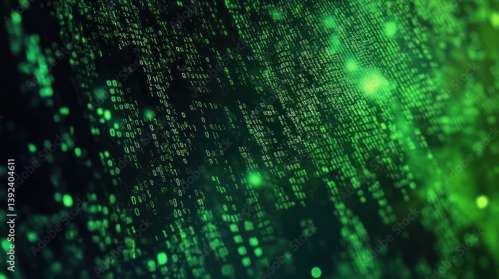 Aufkleber abstract green digital data stream with glowing particles background