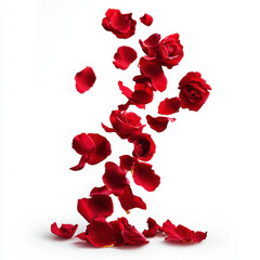 Falling red rose petals isolated on white background.