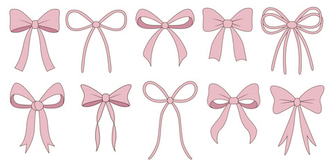 Vector set of pink bows in cutie style, hand drawn ribbon collection for baby shower, holiday decoration, girly design, invitations, gift tags, scrapbooking and packaging