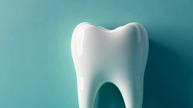 Close-up of a single, healthy, bright white tooth with smooth enamel against a soothing light blue background in a modern dental concept