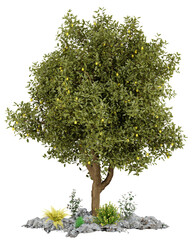 Fototapeta premium 3D model of a lemon tree on a rock with grass and flowers.