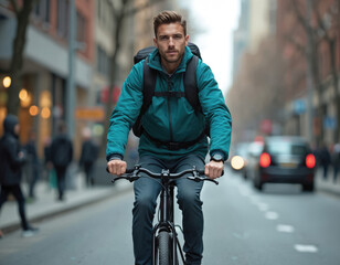 Young delivery man rides bicycle urban street. Male cyclist courier with backpack. Sustainable transport for city. Eco friendly courier service, fast delivery for food, goods.