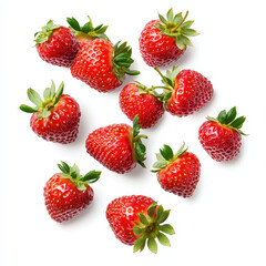 Falling strawberries isolated on white background.
