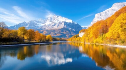 Obraz premium Alpine Lake Autumnal Trees Vibrant Landscape High-Definition Vivid Colors Wide Angle Panoramic View Tranquil Scene Mountain Background Bright Sunny Mood Perfect for Travel Brochures