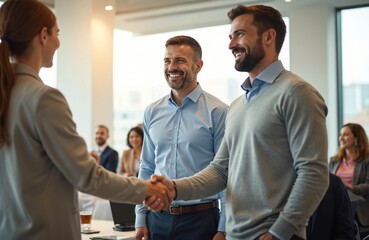 Happy businessmen, businesswoman greet attending education event at conference hall. Handshake. Successful business partners, smiling faces. Teamwork, collaboration, communication, agreement,