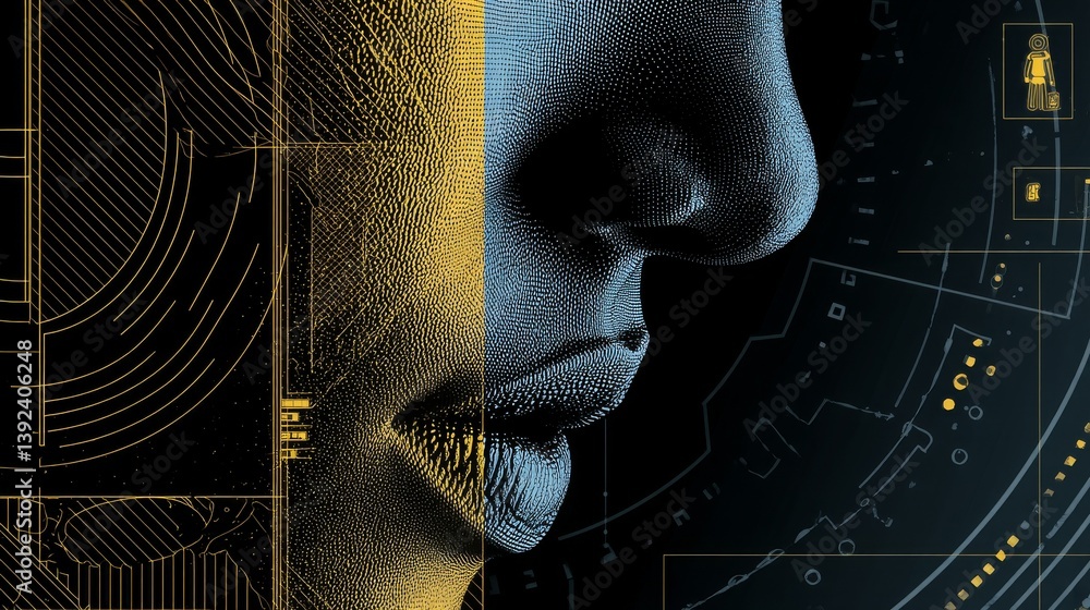 Poster robot equipped with stock, featuring streaming data charts and sophisticated neural connections