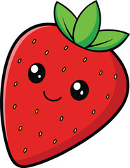 Obraz premium Cute Smiling Strawberry Cartoon Character With Green Leaves Illustration
