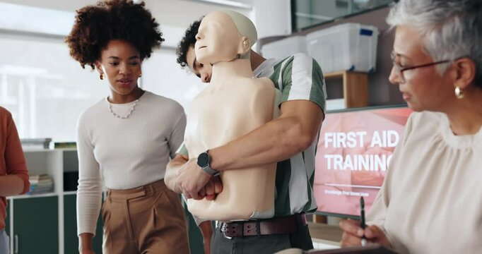 People, student or dummy for first aid training for rescue safety, demonstration lesson or education. Paramedic, presentation or assessment for medical emergency, learning procedure or life saving