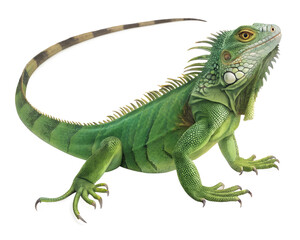 A vibrant green iguana standing isolated on a transparent background