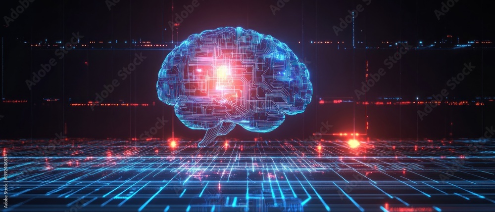 Poster futuristic digital brain visualization with glowing circuits and data