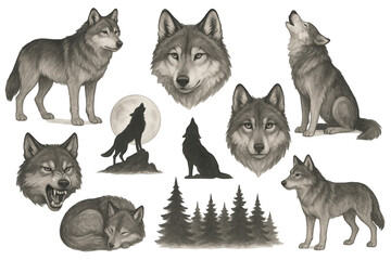 Obraz premium Detailed Collection of Artistic Wolf Illustrations and Elements