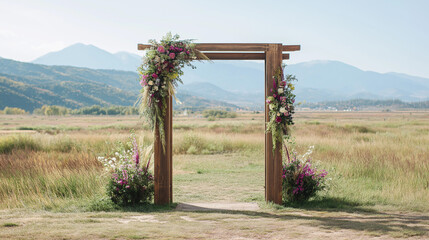 Transform your wedding venue with an artistic bridal arch showcasing robust wooden beams in style