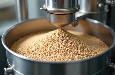 Close-up of malt seeds grinding process at mill. Grain processing for beer production. Modern brewery equipment technology. Malted barley ingredient for craft lager, ale, pilsner, stout. Food