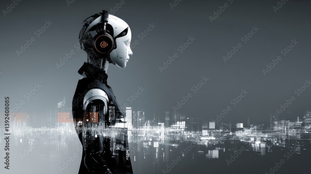 Poster a robotic employee is working on a computer in an office setting, part of an it team in a humanoid s