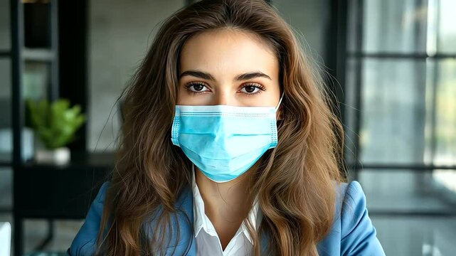 A professional woman in a blue blazer, sitting at a glass desk in a minimalist office, wearing a protective mask while looking at the camera with a focused expression.