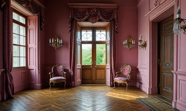 Vintage pink palace interior with ornate furniture, classical luxury ballroom with parquet floor, elegant royal room with antique chairs and drapes