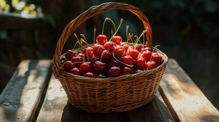 Fresh cherries in a wicker basket against a rustic background  