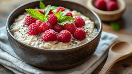 Warm bowl of flaky oatmeal with chia seeds and raspberry and mint leaves in ceramic cute bowl breakfast nutritious fruit morning porridge 
