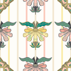 Vector seamless pattern geometric flower on striped background. Design for printing on textiles, paper, wrapping paper.