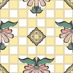 Vector seamless pattern of geometric flowers on a checkered background. Design for printing on textiles, paper, wrapping paper.