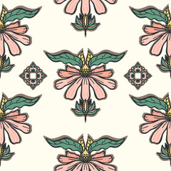 Vector seamless pattern geometric flowers. Stamp ornament on light background.