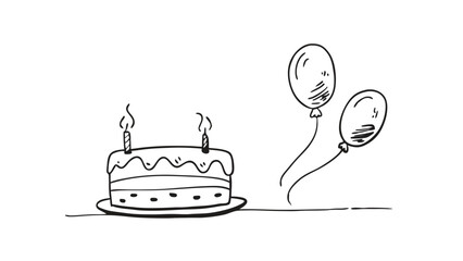 Playful birthday cake with candles and balloons illustration for a party atmosphere. A whimsical and bright design element perfect for birthdays, holiday cards, and celebratory branding.