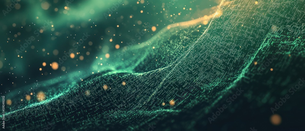 Poster abstract representation of flowing digital waves with glowing particles in a dark background