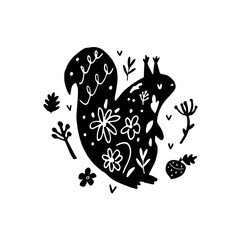 Whimsical Folk Art Squirrel Silhouette with Floral and Forest Elements. Hand-Drawn Woodland Animal Illustration.