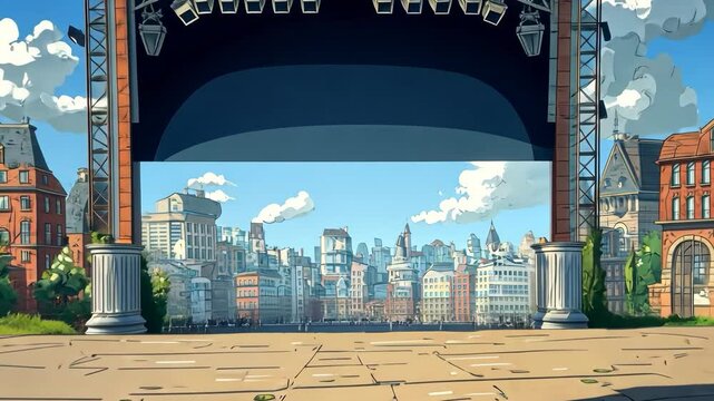 Outdoor stage with scenic city backdrop.