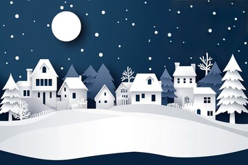 Naklejka premium Paper Cut Village Winter with Snowy Night Sky, Houses, Trees, and Full Moon