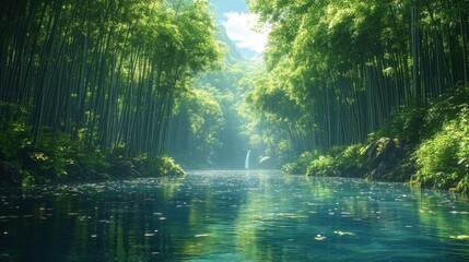 Obraz premium Lush Green Forest with Flowing River and Sunlight Streaming Through Trees