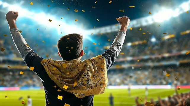 A soccer fan, holding a scarf and jumping with joy, as confetti rains down on the stadium after their team’s dramatic championship victory. - Powered by Adobe