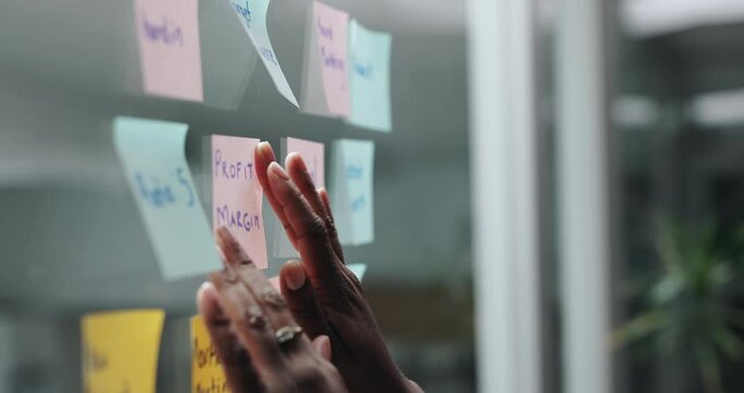 Hands, moodboard and sticky notes with business person closeup in office for financial brainstorming. Glass wall, profit margin and schedule with employee in workplace for accounting or investment